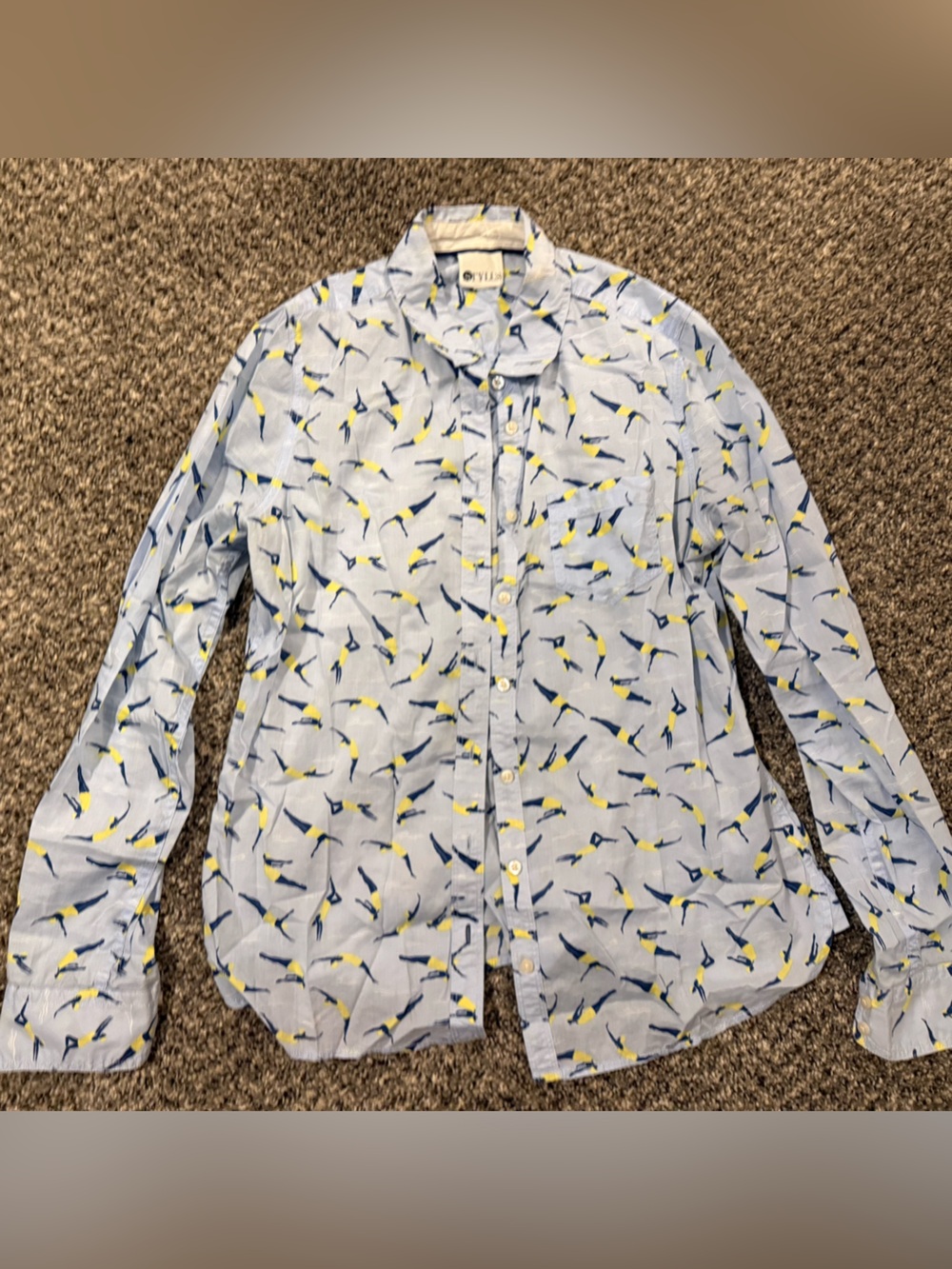 STYLUS Light Blue Button-Down Shirt with Navy and Yellow Bird Print